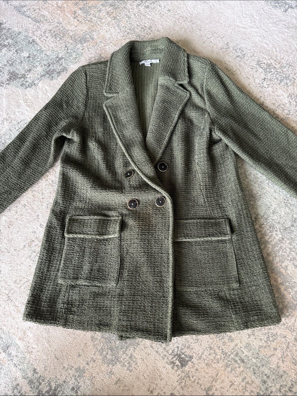 Chico's Olive Green Pocketed Double-Breasted Knit Blazer, Size 1/M - Picture 1 of 8